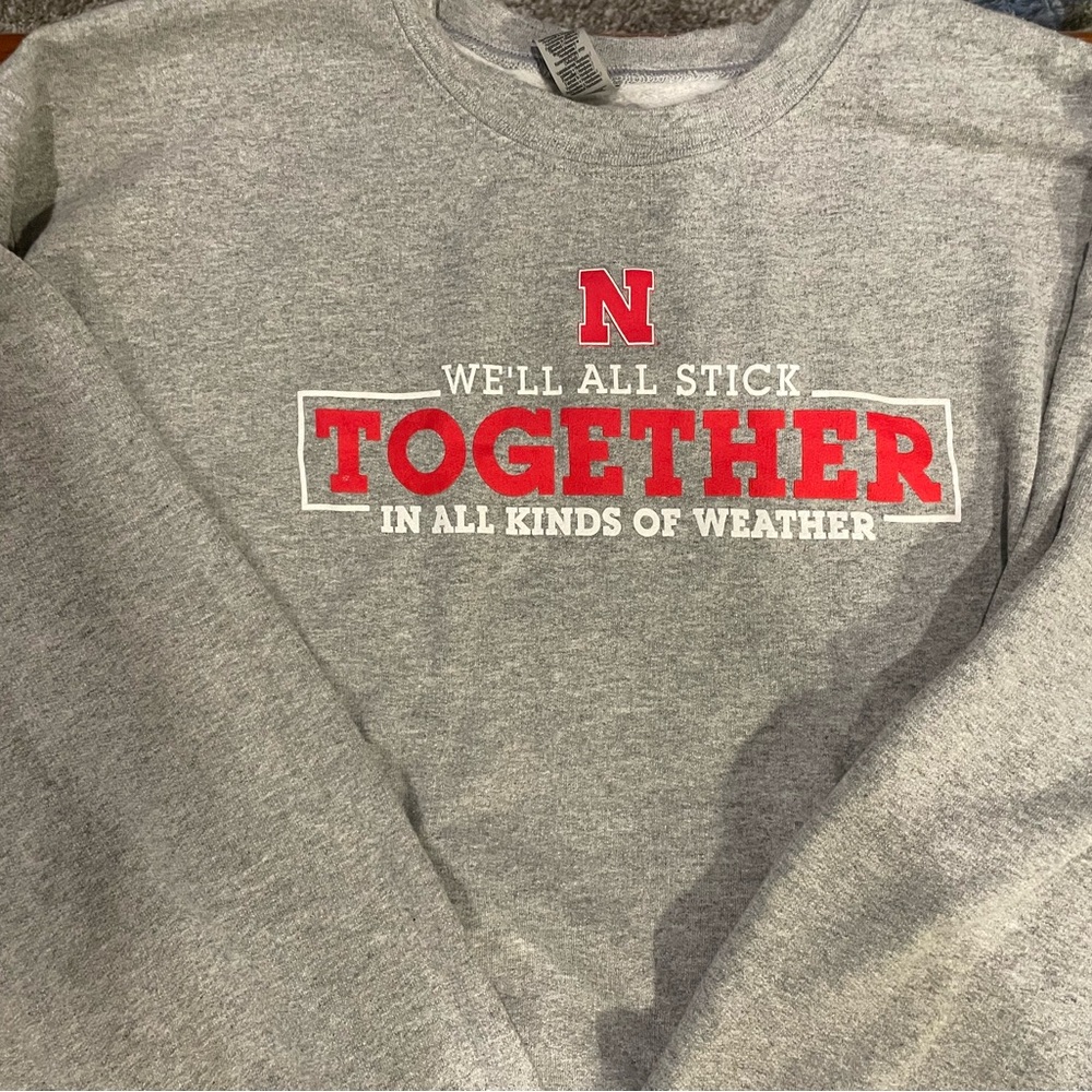 Gray Crewneck Sweater with Red Text